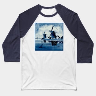 Dutch Blue Delft Windmills Vintage Print Baseball T-Shirt